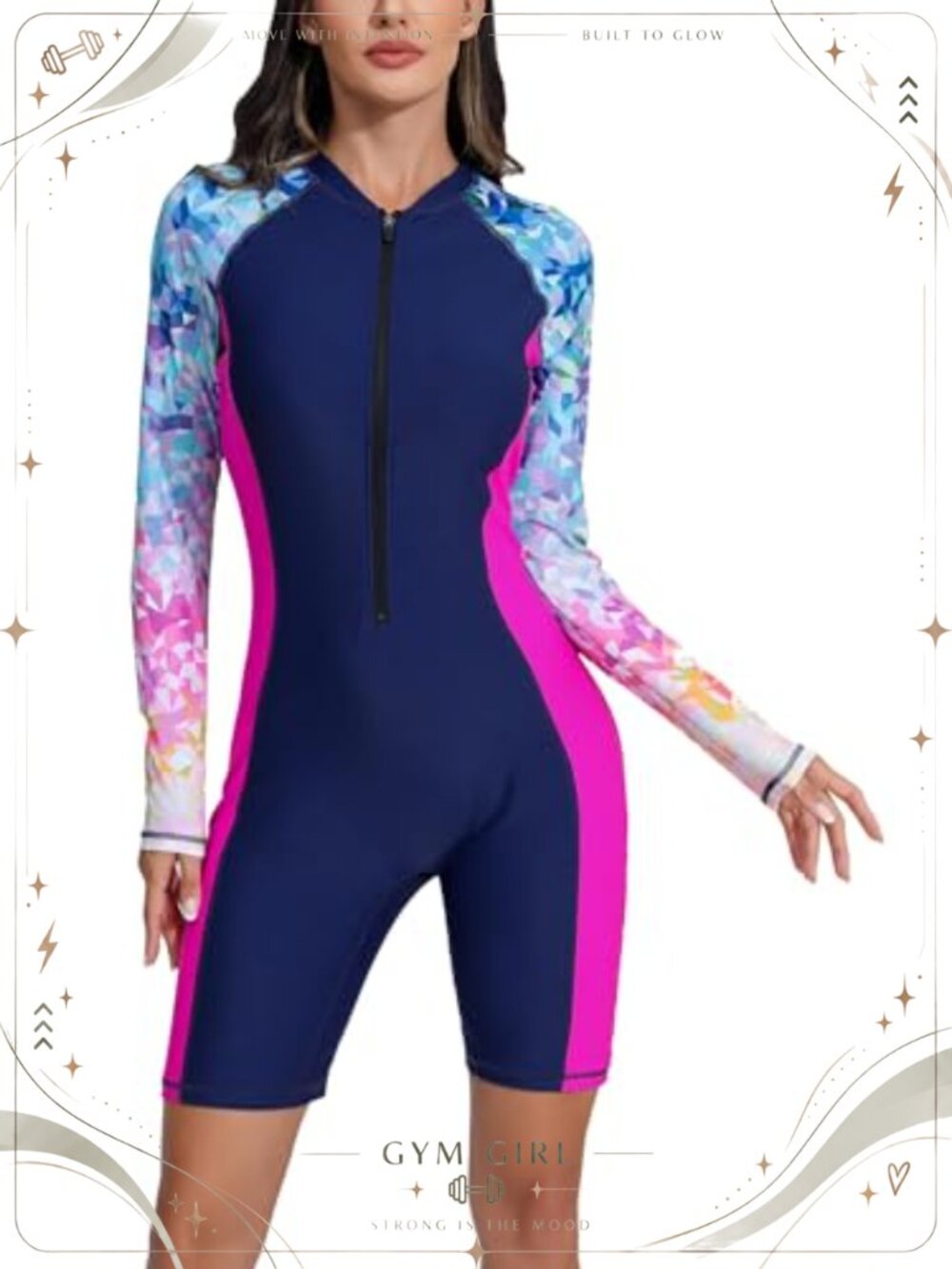 Boyleg One Piece Rash Guard Built in Bra UPF50+ Zip Long Sleeve Modest Swimsuit